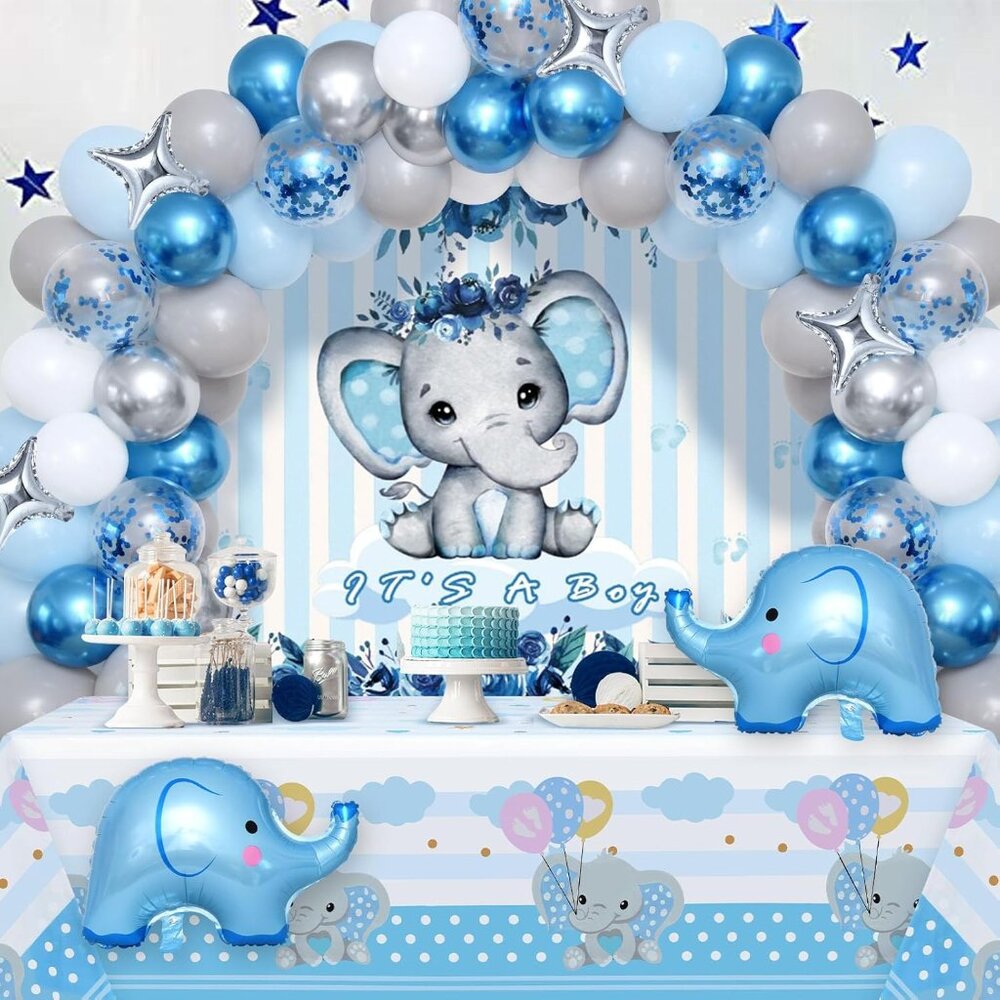 95Pcs Boys Baby Shower Decoration Set - Blue /Elephant -